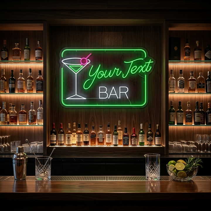 "Custom Cocktails Bar" Letrero de neón