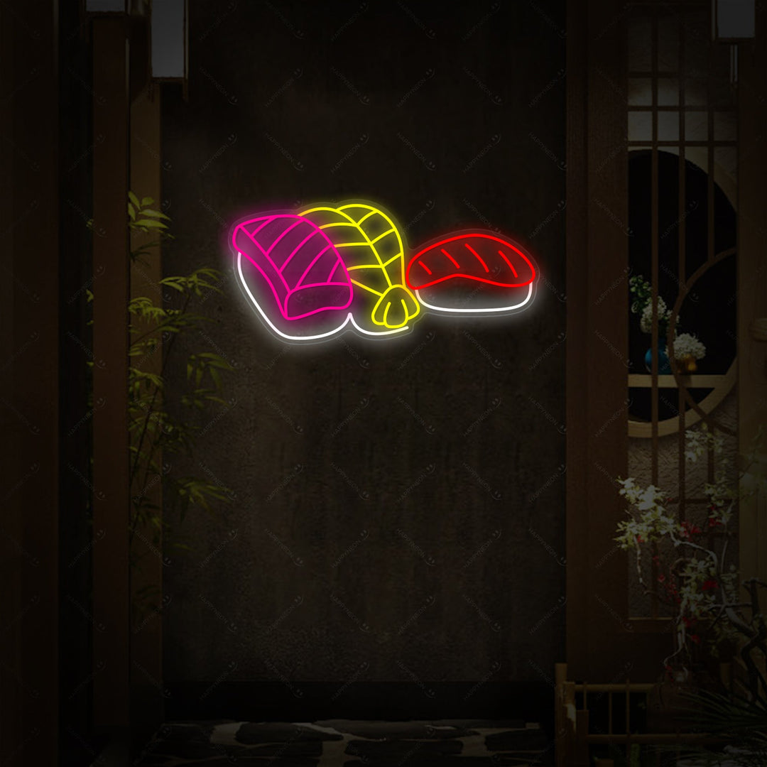 Sushi de gambas y salmón Letrero de neón, Decoración de restaurantes japoneses