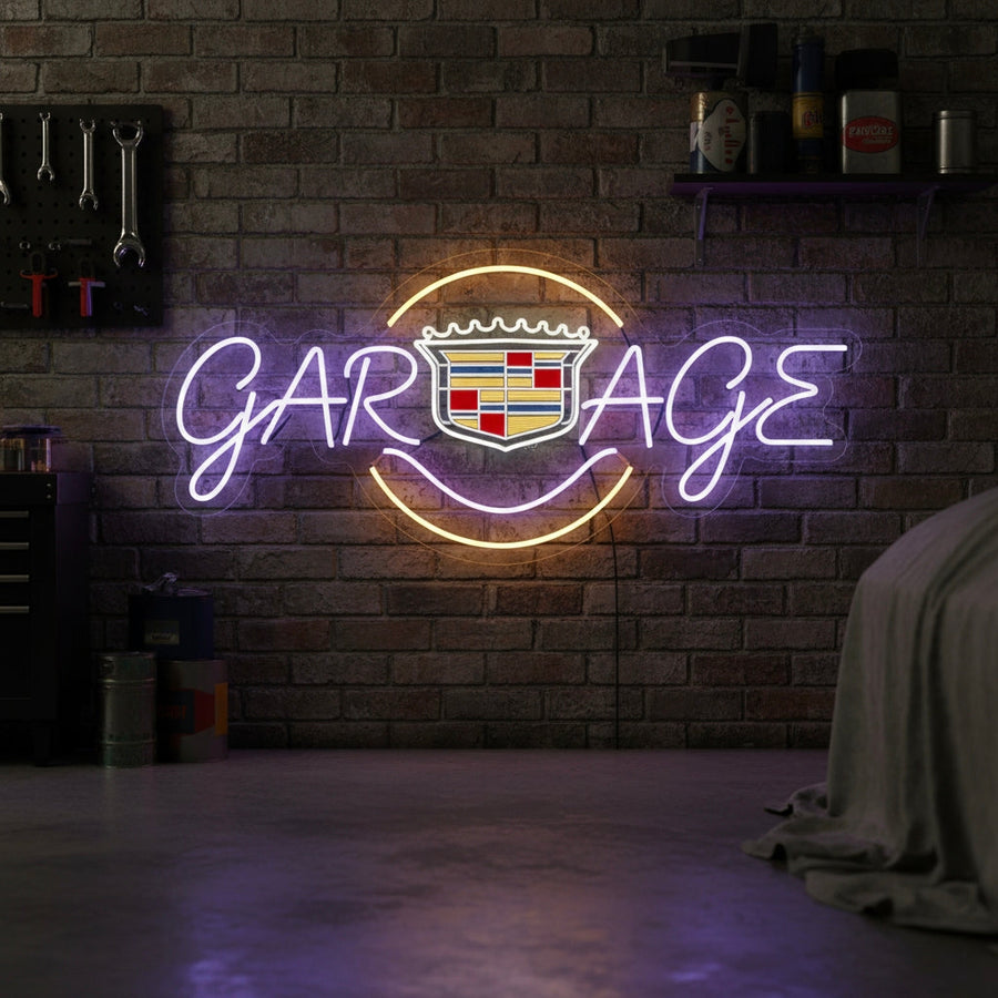 Neon sign with Cadillac crest integrated into the word “Garage,” stylish for auto shops and garages.