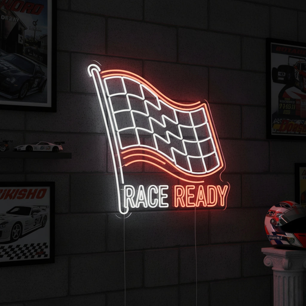 Neon sign with a checkered racing flag and text “Race Ready,” ideal for motorsport fans.