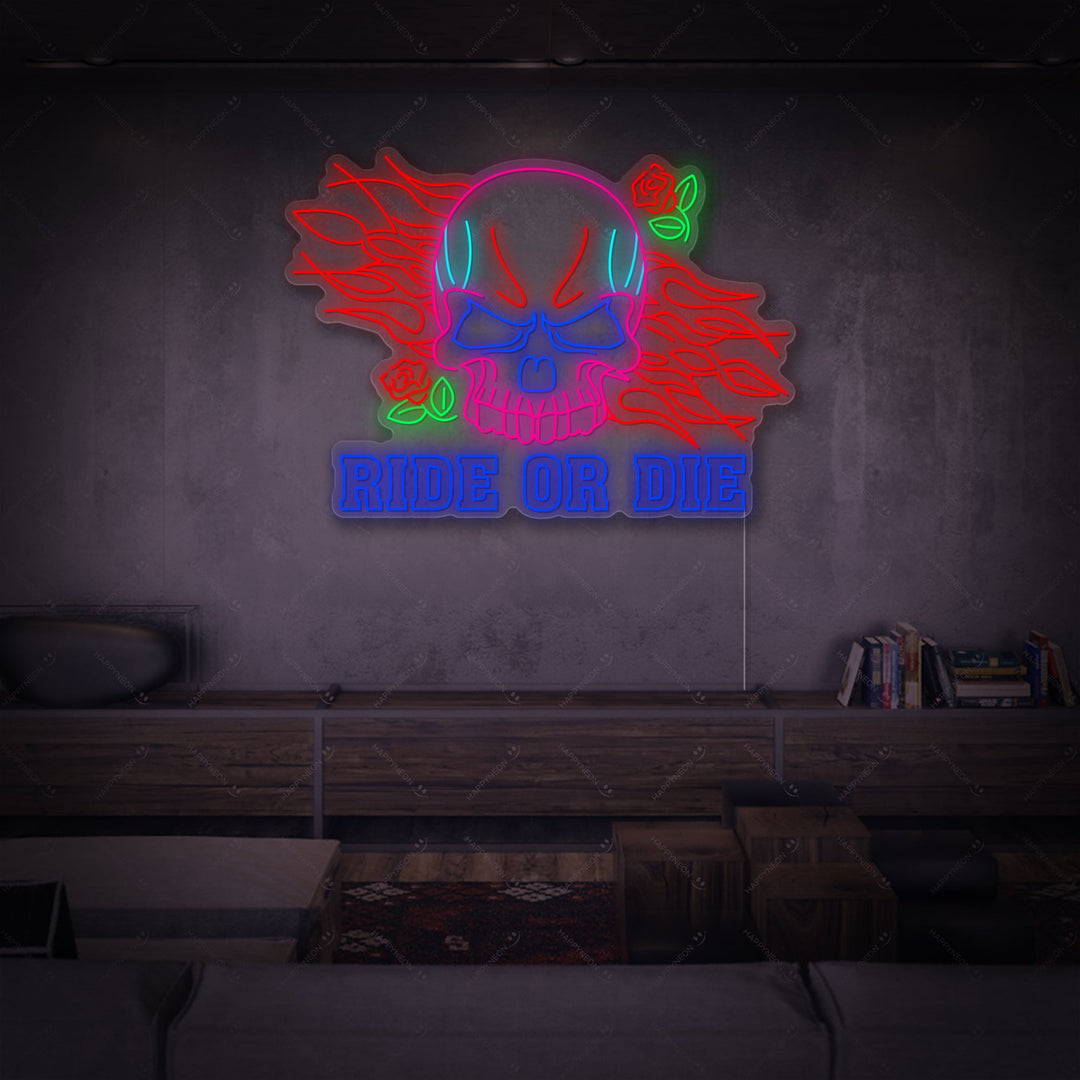 "Ride Or Die letras y calavera" Letrero de neón