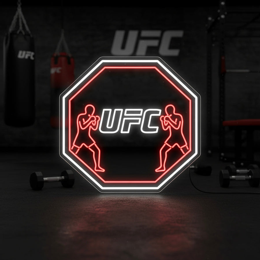 Neon sign of the UFC octagon with two fighters and logo, ideal for gyms and fight clubs.