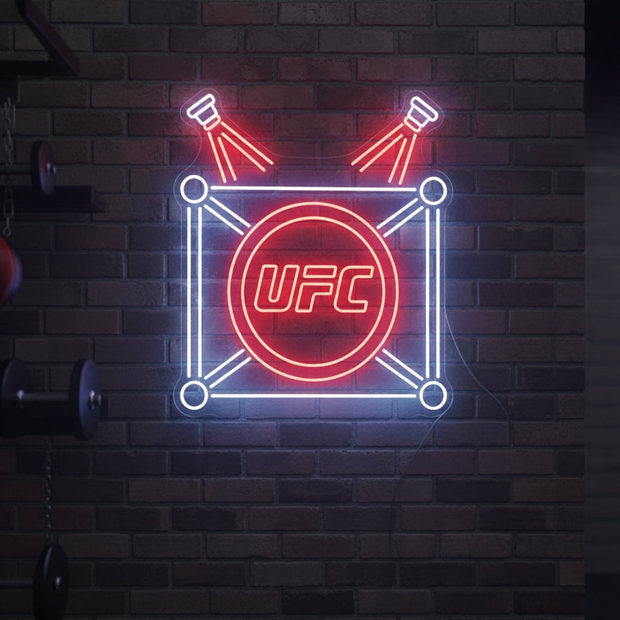 Neon wall sign featuring the UFC octagon with red spotlights, perfect for gyms, fight clubs, and man caves.