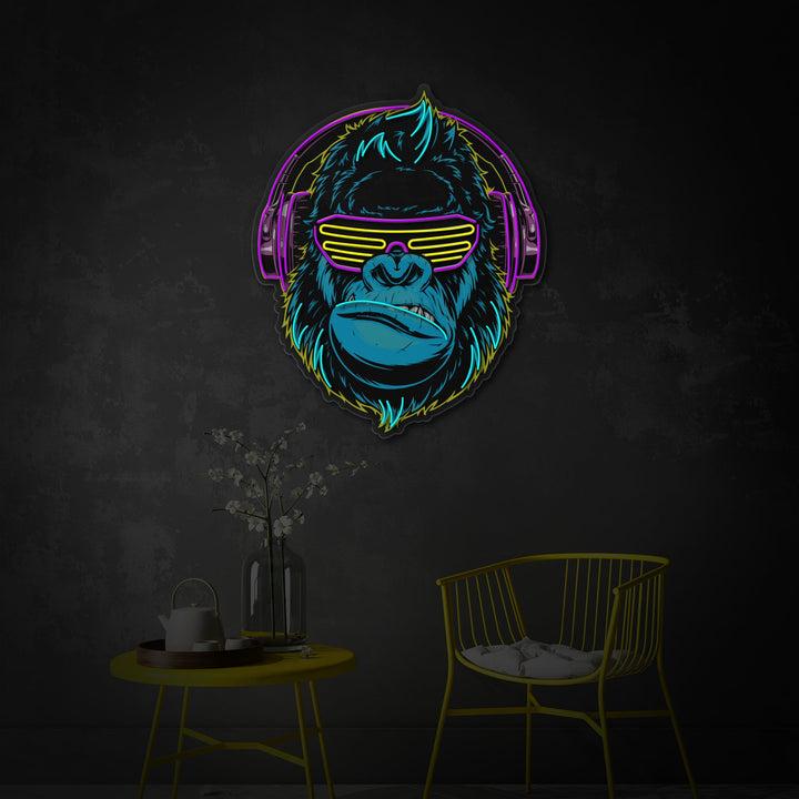 "Cyberpunk Monkey con auriculares, decoración de la sala de juegos" Letrero de neón LED impreso con UV