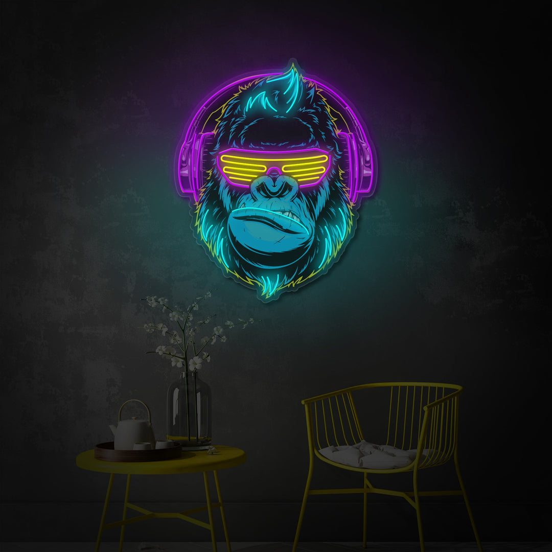 "Cyberpunk Monkey con auriculares, decoración de la sala de juegos" Letrero de neón LED impreso con UV