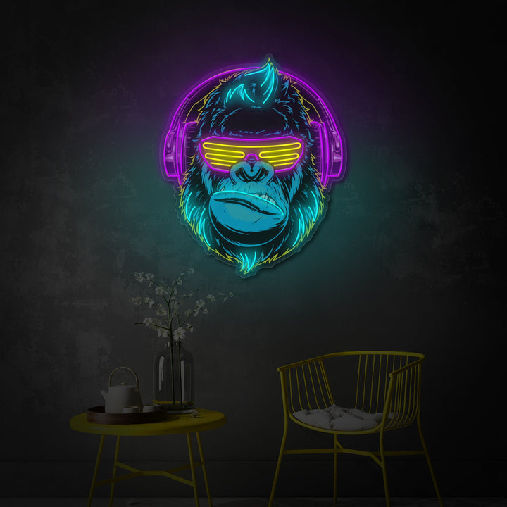 "Cyberpunk Monkey con auriculares, decoración de la sala de juegos" Letrero de neón LED impreso con UV