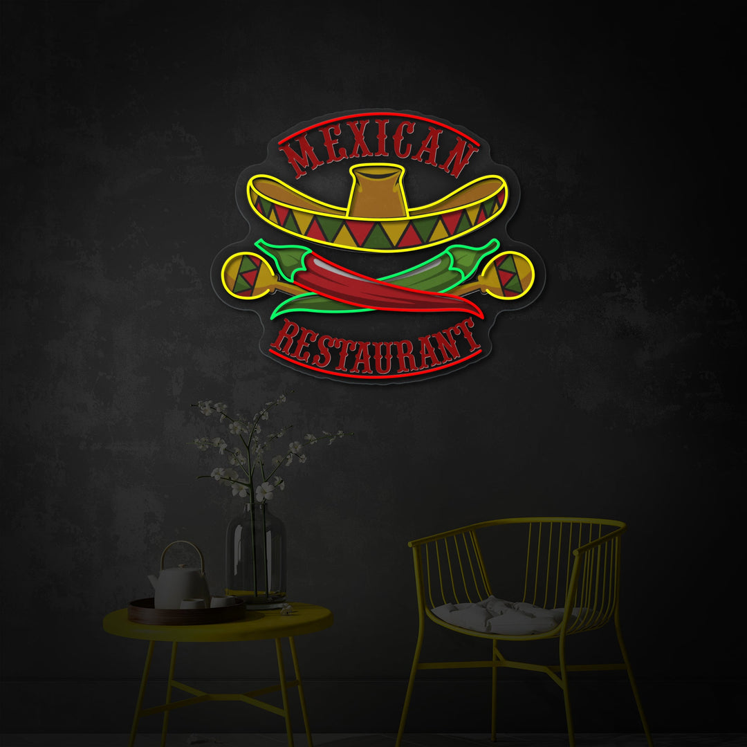 "Restaurante mexicano Sombro Maracas Pepper" Letrero de neón LED impreso con UV