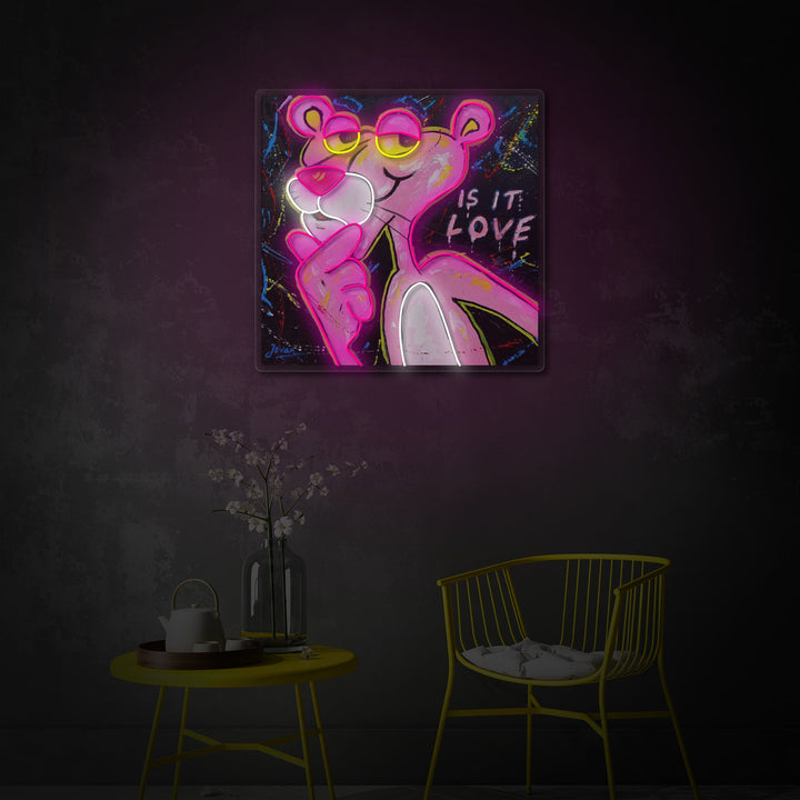 "Pink Think Panther, ¿es amor?" Letrero de neón LED impreso con UV