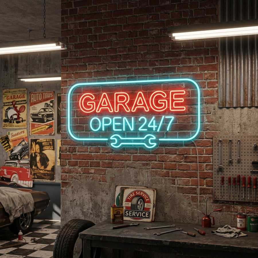 Classic neon sign reading “Garage Open 24/7” with red and blue neon, including wrench design, perfect for workshops and car garages.