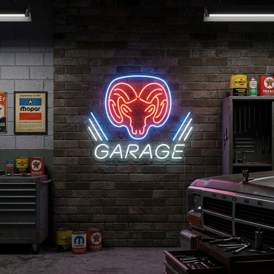 Neon wall light with the Dodge Ram head logo and the word “Garage,” perfect for car enthusiasts, workshops, and garages.