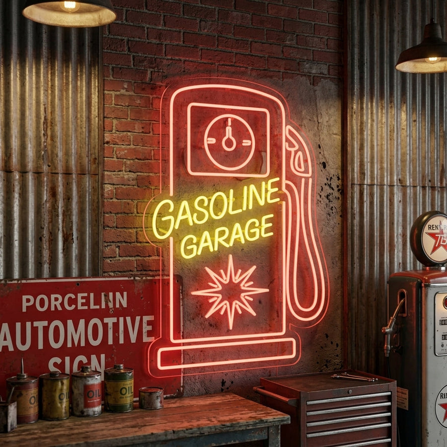 Neon sign shaped like a vintage gas pump with “Gasoline Garage” text, perfect for workshops or man caves.