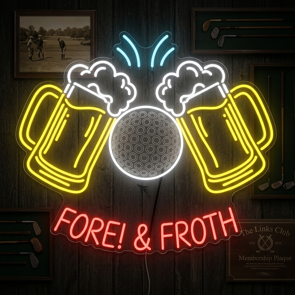 Neon sign featuring two beer mugs and a golf ball with text “FORE! & FROTH,” perfect for bars or golf clubs.