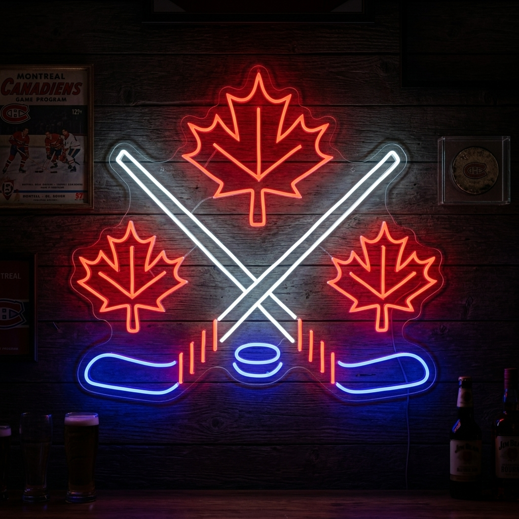 "Hojas De Arce Con Palos De Hockey Cruzados" Letreros Neon