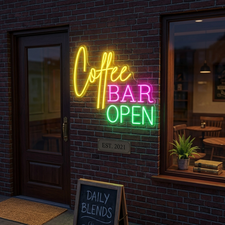 "Coffee Bar Open" Letreros Neon