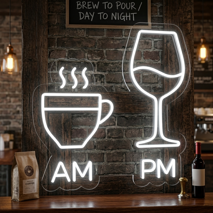 "AM, PM, Tazas De Café, Copas De Vino, Bar" Letreros Neon