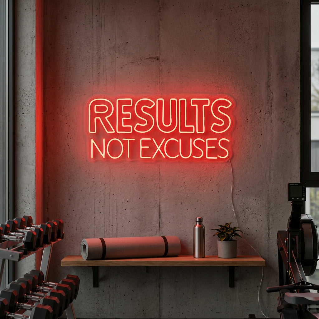 "Results Not Excuses, Decoración De Gimnasio, Frases De Gimnasio, Frases De Fitness, Frases De Entrenamiento" Letreros Neon