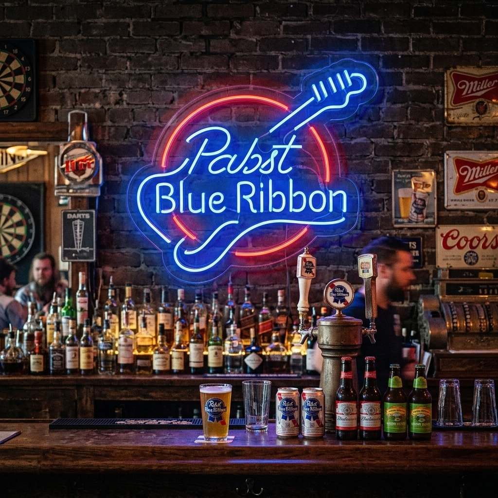 "Pabst Blue Ribbon, Guitarra" Letreros Neon