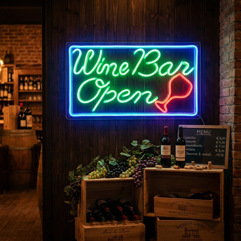 "Wine Bar Open" Letreros Neon
