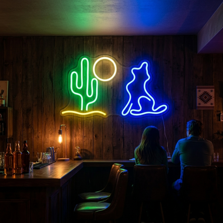 "Cactus, Luna, Lobo" Letreros Neon