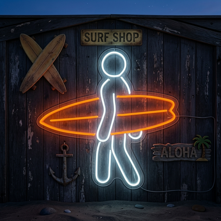 "Hombre Llevando Una Tabla De Surf En El Deporte De Surf" Letreros Neon