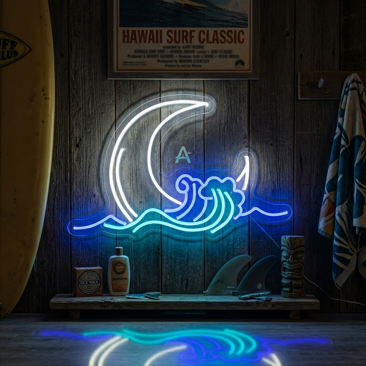 "Salida De La Luna Y Ola" Letreros Neon