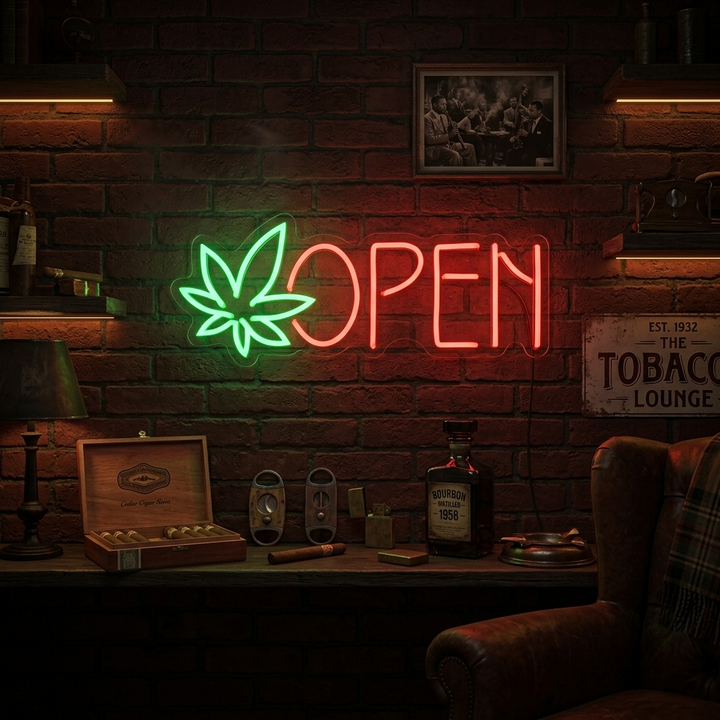 "open, dispensary, hoja de marihuana" Letreros Neon