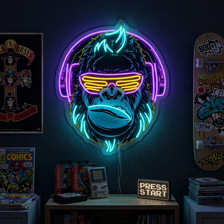 "Cyberpunk Monkey con auriculares, decoración de la sala de juegos" Letrero de neón LED impreso con UV