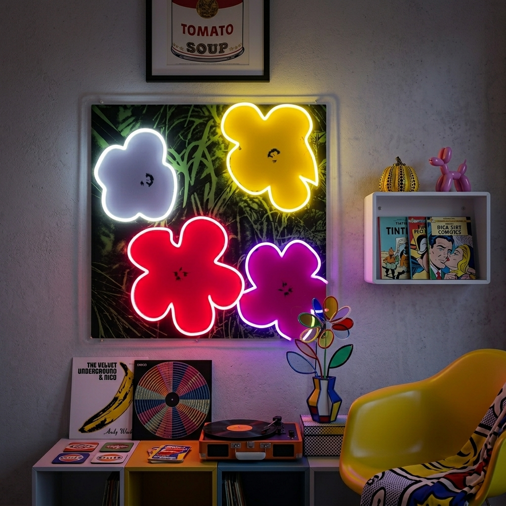 "Pop Art in Bloom, Famosas flores de artistas" Letrero de neón LED impreso con UV