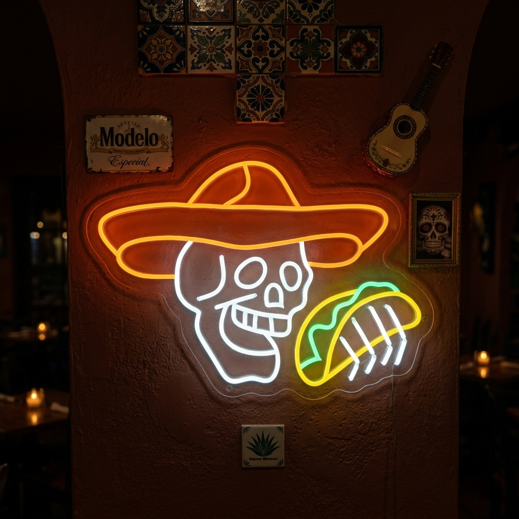 "Calavera con tacos" Letrero de neón