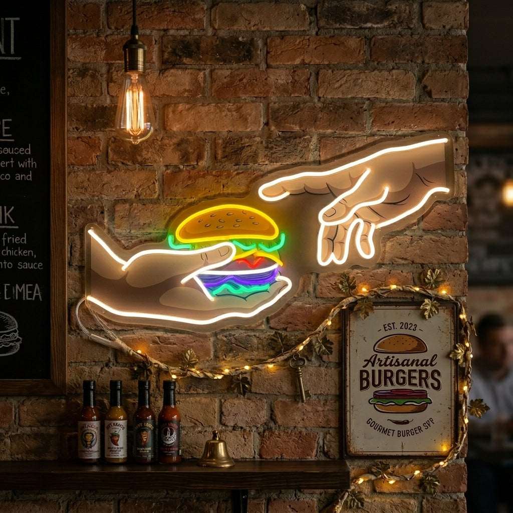 "Manos con hamburguesa" Letrero de neón