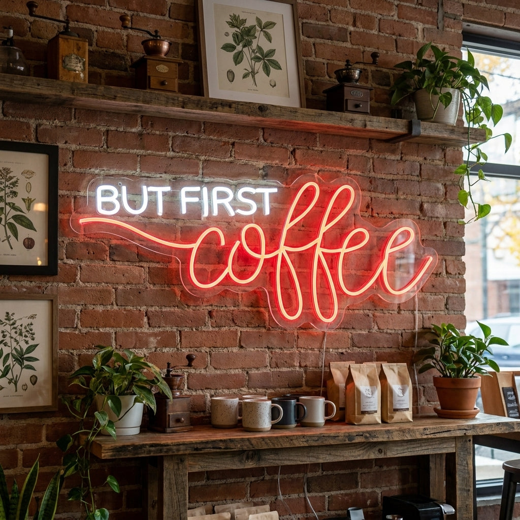 "But First Coffee" Letrero de neón