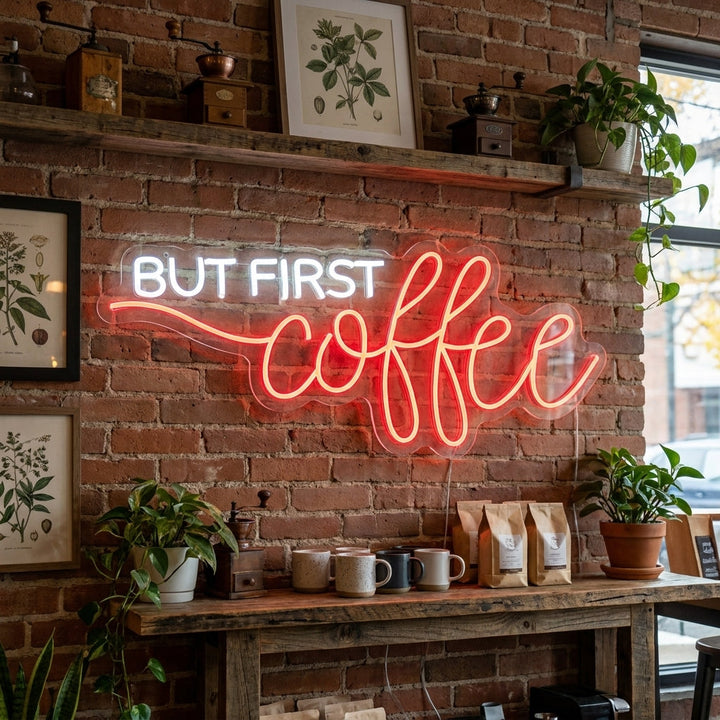 "But First Coffee" Letrero de neón
