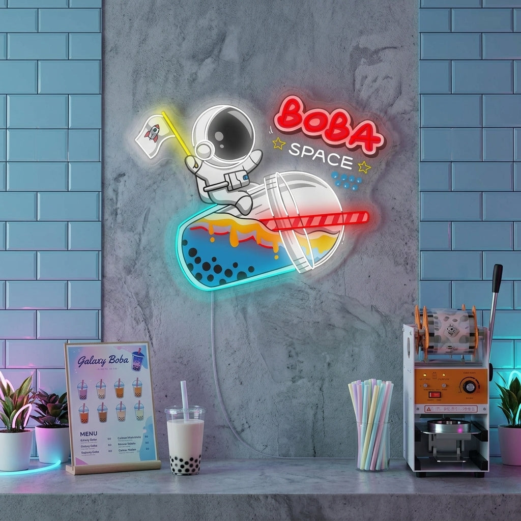 "Astronauta Bebiendo Té Boba" Letrero de neón