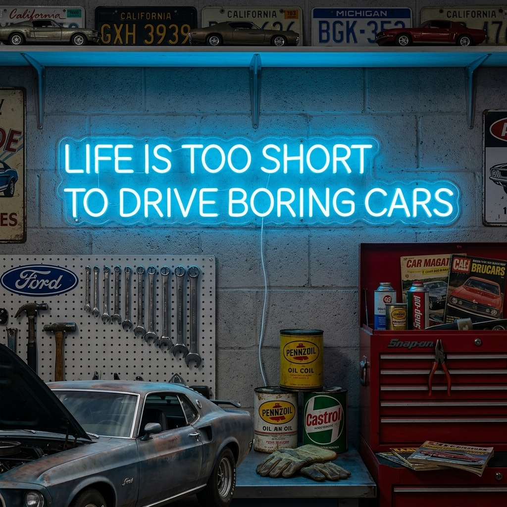 "Life Is Too Short To Drive Boring Cars" Letrero de neón