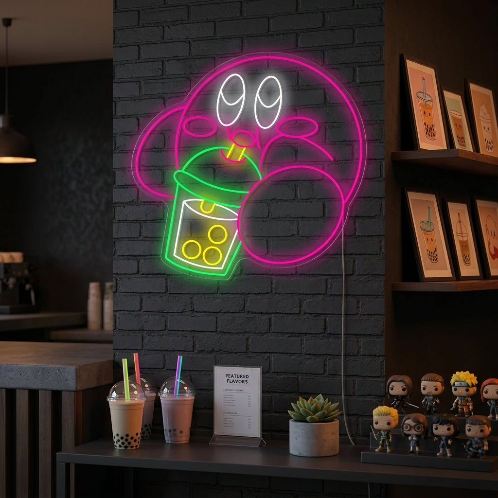 "Kirby Bebiendo Té Boba" Letrero de neón