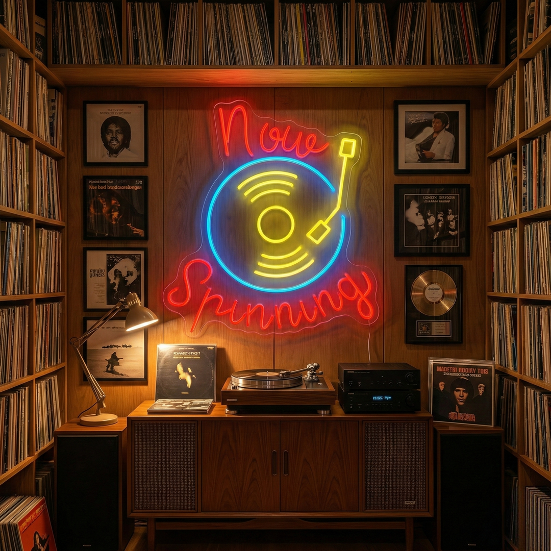 "Now Spinning" Letrero de neón