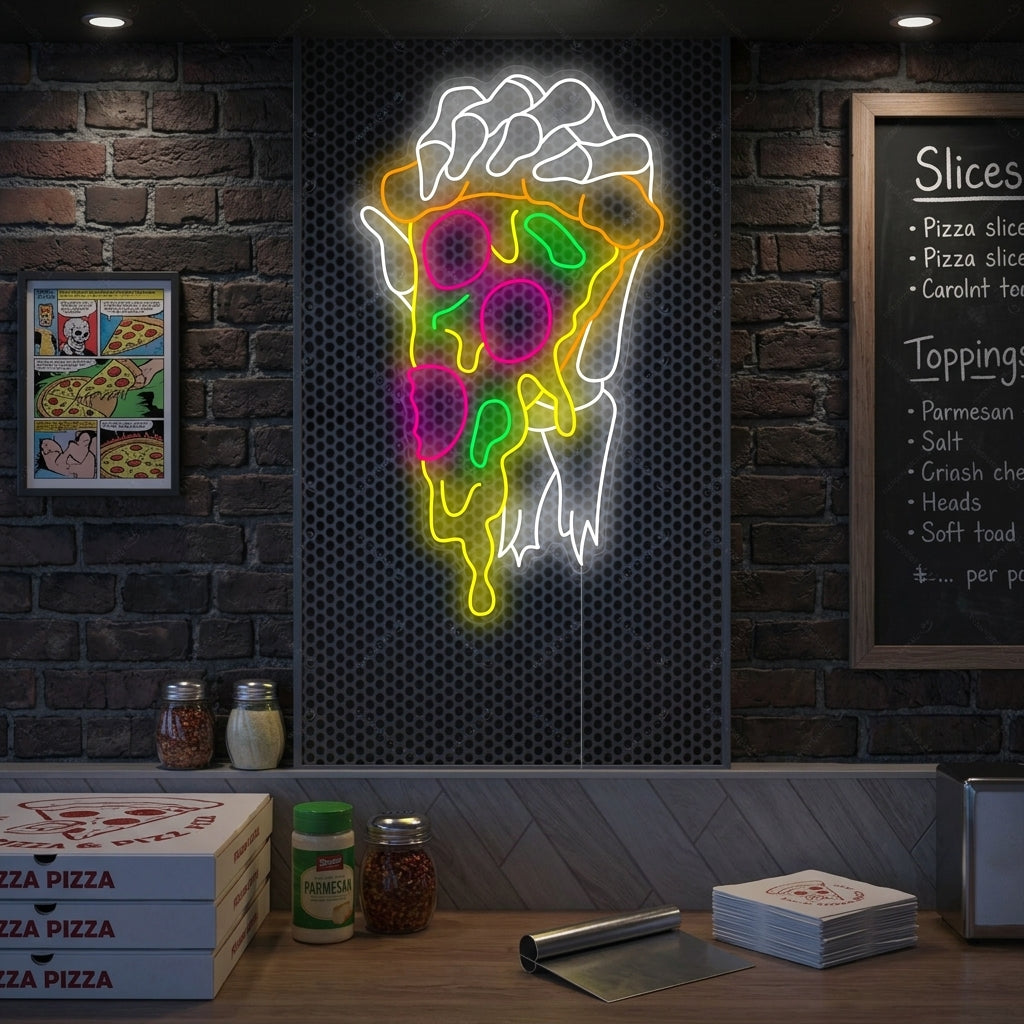 "Mano de esqueleto sosteniendo pizza" Letrero de neón
