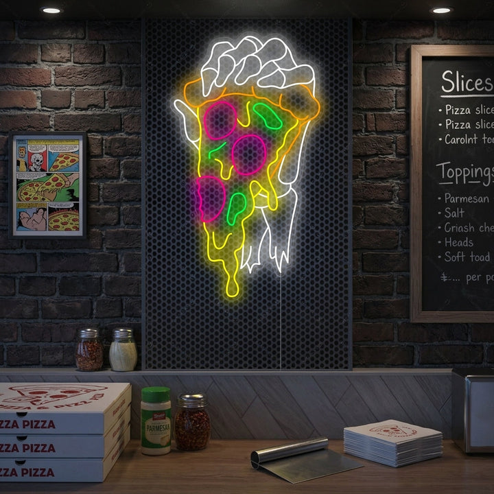 "Mano de esqueleto sosteniendo pizza" Letrero de neón