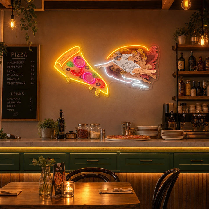 "Adam God hizo pizza, anuncio de comida rápida, logotipo de restaurantes" Letrero de neón LED impreso con UV