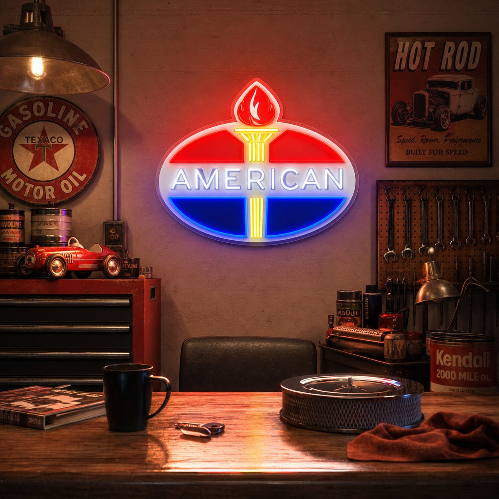 "Logotipo de gasolina americano" Letrero de neón LED impreso con UV