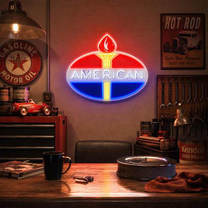 "Logotipo de gasolina americano" Letrero de neón LED impreso con UV
