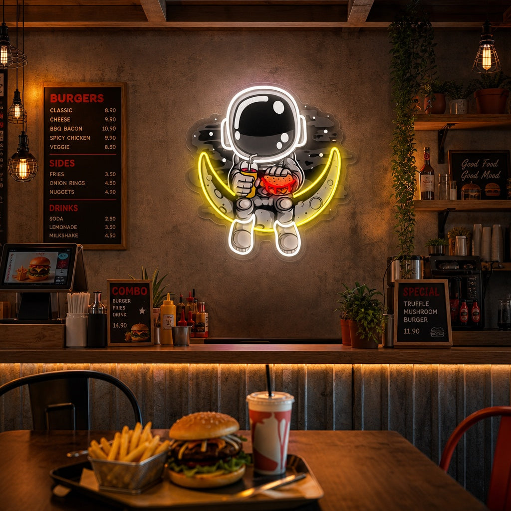 "Astronaut Moon Burger, logotipo de comida rápida" Letrero de neón LED impreso con UV