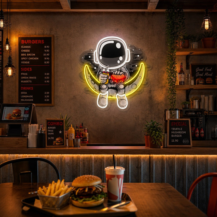 "Astronaut Moon Burger, logotipo de comida rápida" Letrero de neón LED impreso con UV