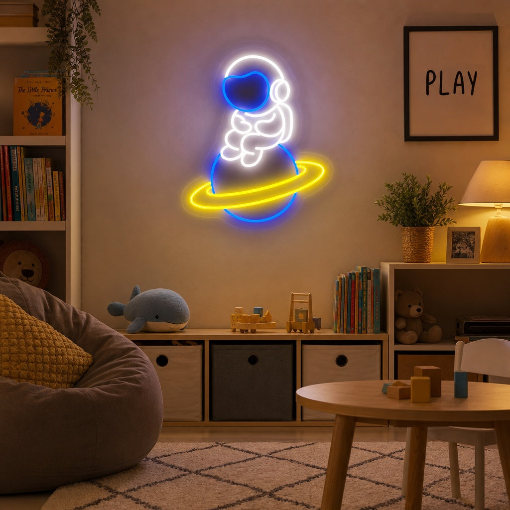 "Astronauta Sentado En Planeta" Letreros Neon