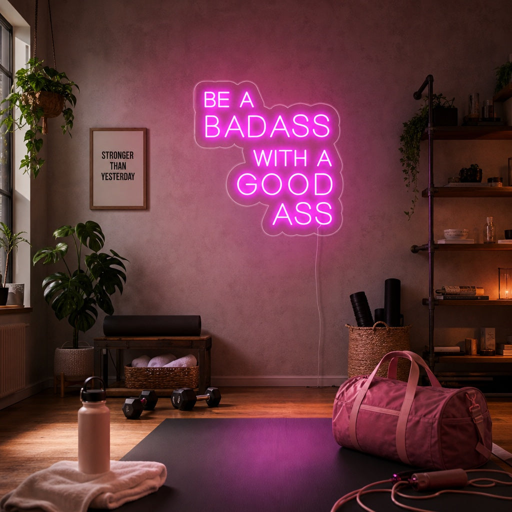 "Be A Bad Ass With A Good Ass, Decoración De Gimnasios, Frases De Gimnasios, Frases De Fitness, Frases De Entrenamiento" Letreros Neon