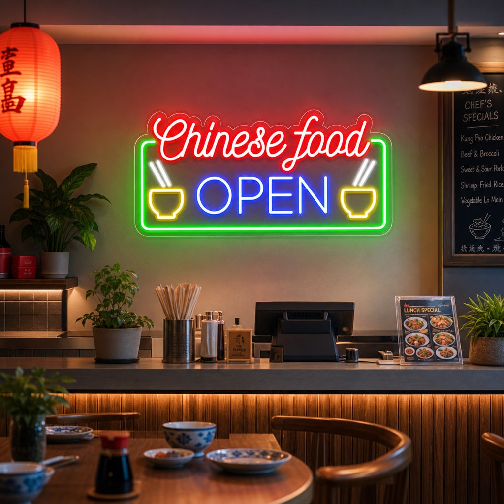"Chinese Food Open" Letreros Neon
