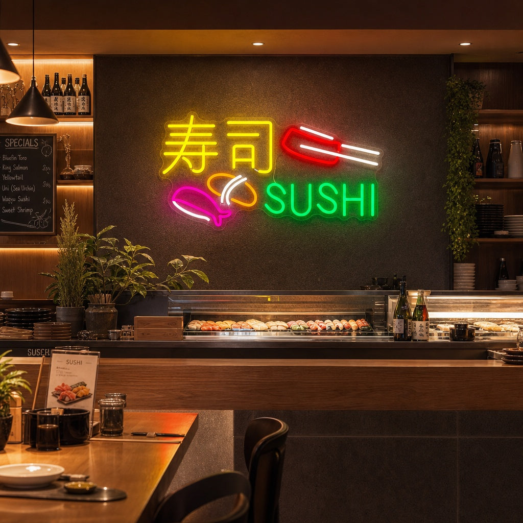 Sushi Y Sashimi Letrero de neón, Decoración de restaurantes japoneses