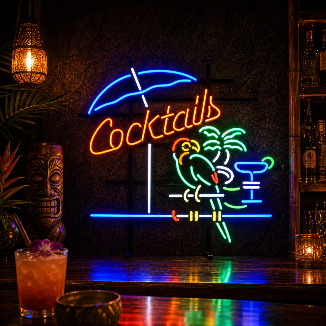 "Cocktails, Loro, Cocktailes" Letreros Neon