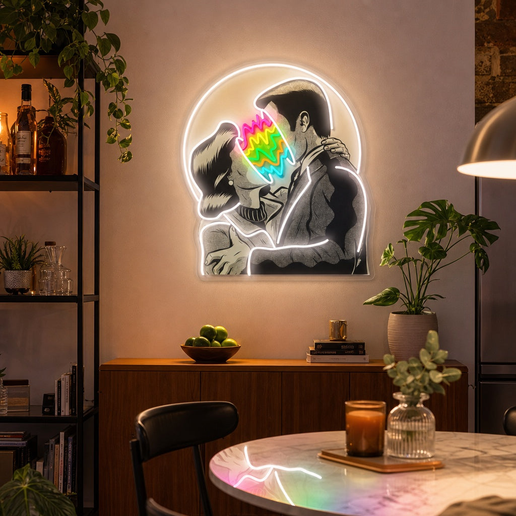 "Amantes del color, pareja besándose" Letrero de neón LED impreso con UV