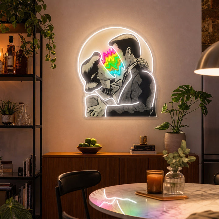 "Amantes del color, pareja besándose" Letrero de neón LED impreso con UV